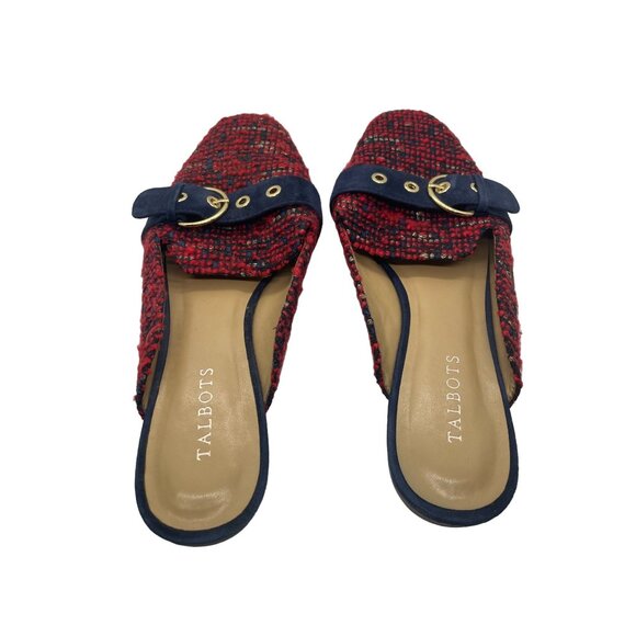 Talbots Red Navy Blue Tweed Mules with Navy Blue Accent and Buckle - Picture 3 of 4